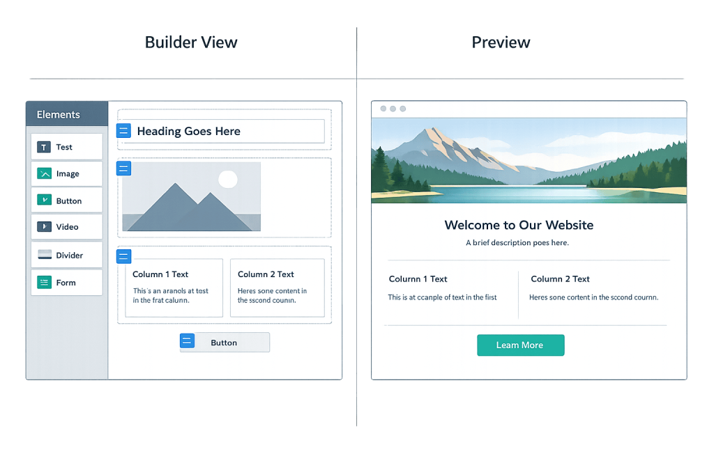 A split screen shows a Page Builder interface on the left with draggable elements and a preview of a completed webpage featuring a nature header image, welcome text, columns, and a Learn More button on the right.