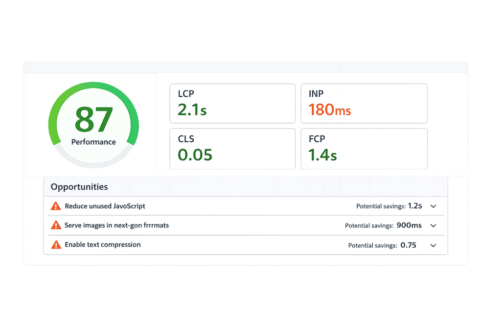 A website performance report shows a score of 87. Key metrics: LCP 2.1s, INP 180ms, CLS 0.05, FCP 1.4s. Opportunities listed include reducing JavaScript, serving next-gen images, and enabling text compression.