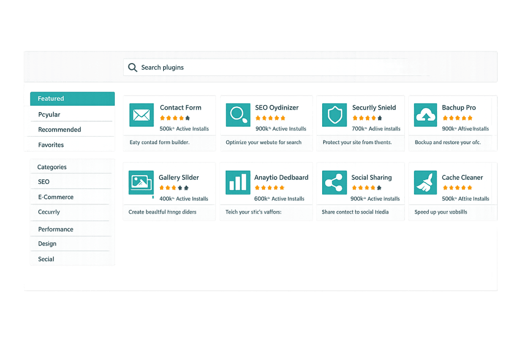 A Plugin Directory interface featuring a search bar, filter categories on the left, and plugin cards displaying icons, names, install counts, ratings, and descriptions on the right.