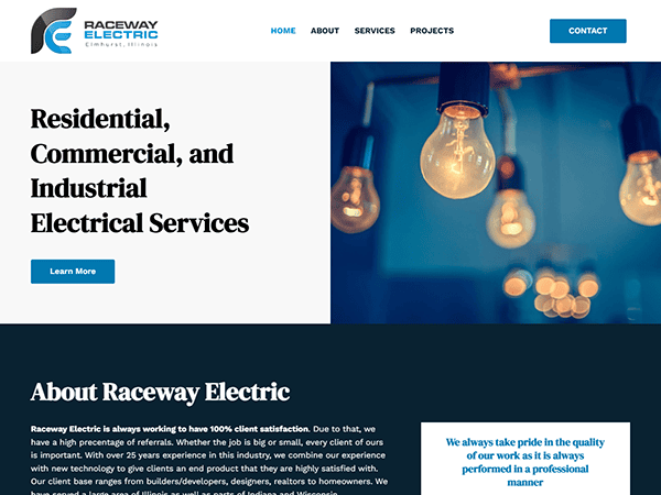 Screenshot of the Raceway Electric website homepage featuring sections about electrical services, company information, and a navigation menu. At the top, an image of hanging lightbulbs highlights this trusted electric company.