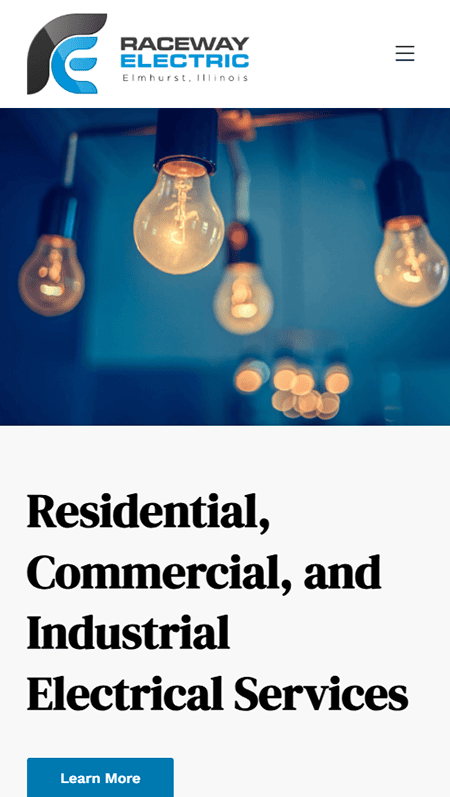 Screenshot of Raceway Electric’s home page featuring the Electric Co logo, service offerings, recent projects, contact details, FAQs, and a blue and white color scheme with light bulb imagery.