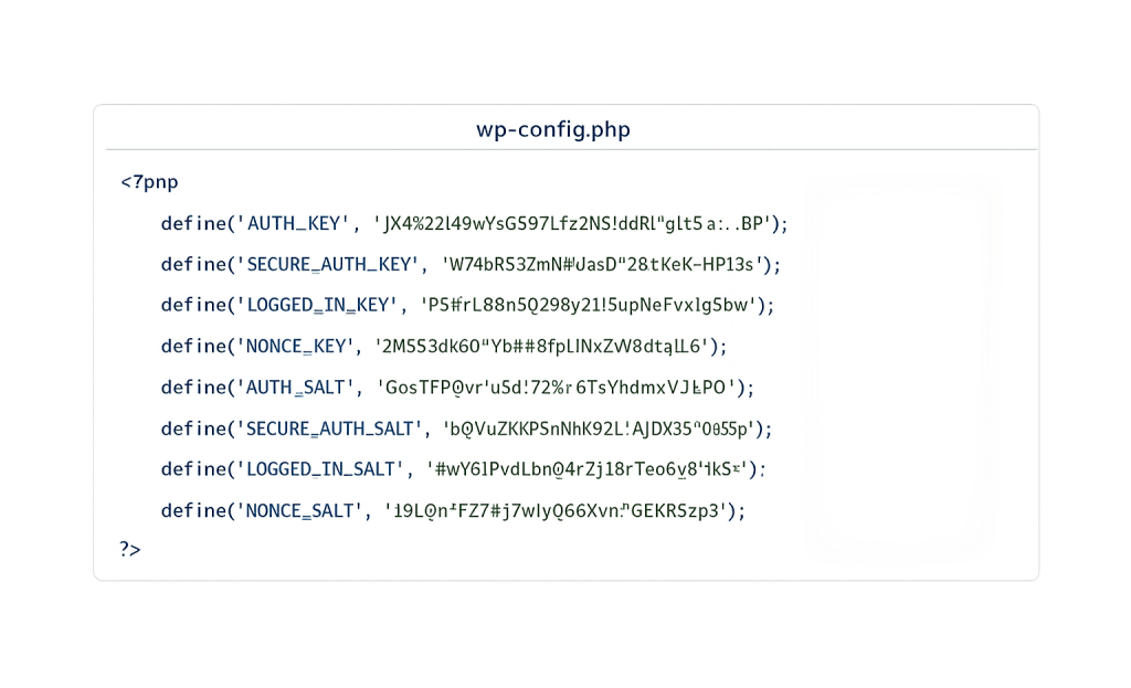 Screenshot of a wp-config.php file showing PHP code with define statements for WordPress authentication security keys and salts, each containing a long string of random characters.