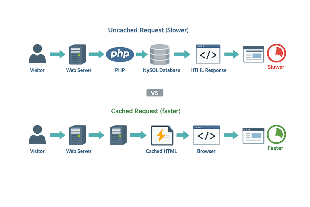 Diagram comparing slower uncached requests, where a web server processes PHP and database queries before sending an HTML response, with faster server-side caching that serves pre-generated HTML directly from the server cache.