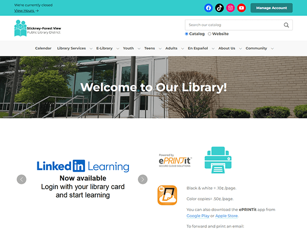 Screenshot of the Stickney-Forest View Public Library District website homepage featuring a welcome message, LinkedIn Learning access, ePRINTit printing services, navigation links, and a photo of the library exterior.
