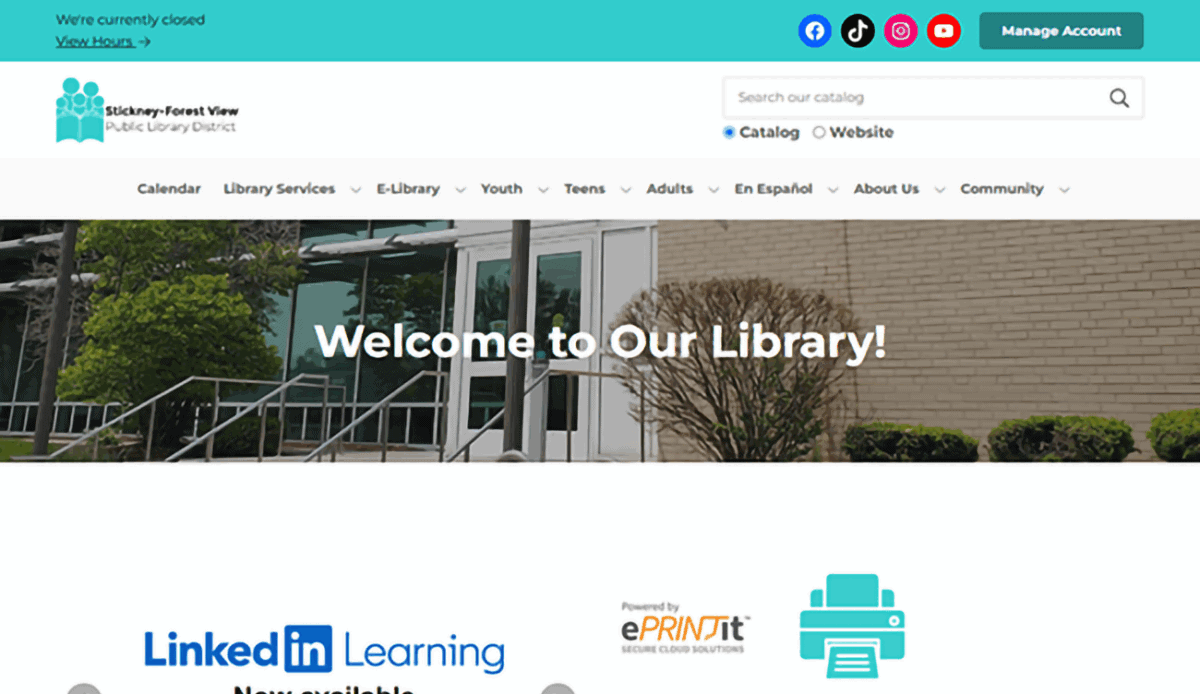 Screenshot of the Stickney-Forest View Public Library website featuring library services, meeting room availability, upcoming events, contact info, hours, and newsletter signup options from the Library District.