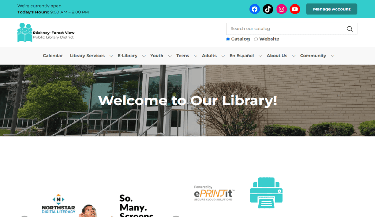 Screenshot of the Stickney-Forest View Public Library website featuring study room booking, events calendar, meeting room info, library hours, location map, contact details, and social media links, with a welcome message at the top.