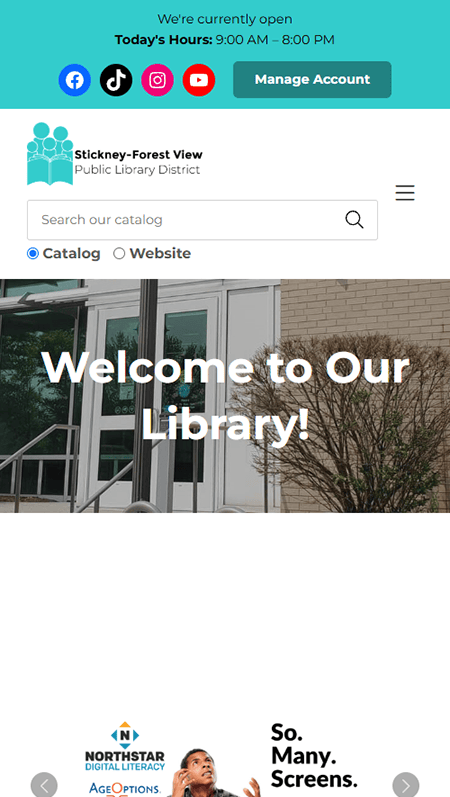 Screenshot of a webpage with a bridge photo, navigation bar, search tool, news and weather updates, transit icons, bus schedules, Google map, and footer with contact info, social media links, and accessibility statement for the Stickney-Forest View Public Library District.