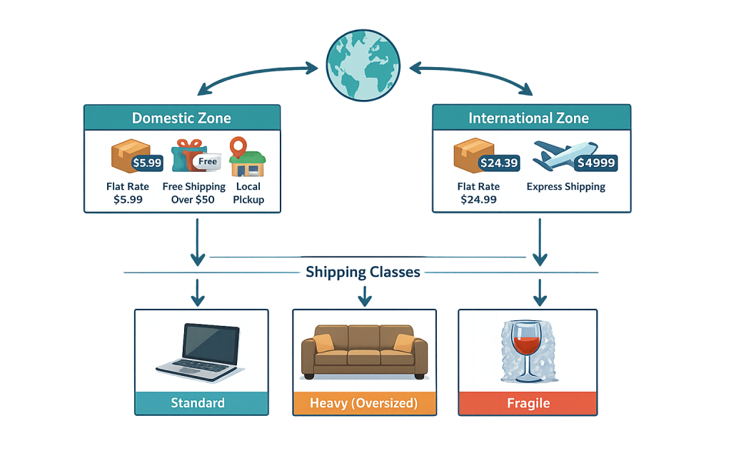 A shipping diagram shows Domestic and International Shipping Zones with different flat rates and options, leading to three Shipping Classes: Standard (laptop), Heavy/Oversized (sofa), and Fragile (wine glass).