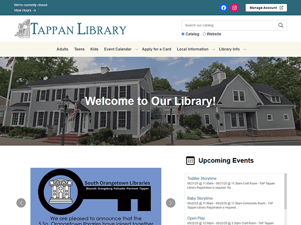 Screenshot of the Tappan Free Library website homepage featuring a welcome message, library building image, navigation menu, and upcoming events section.