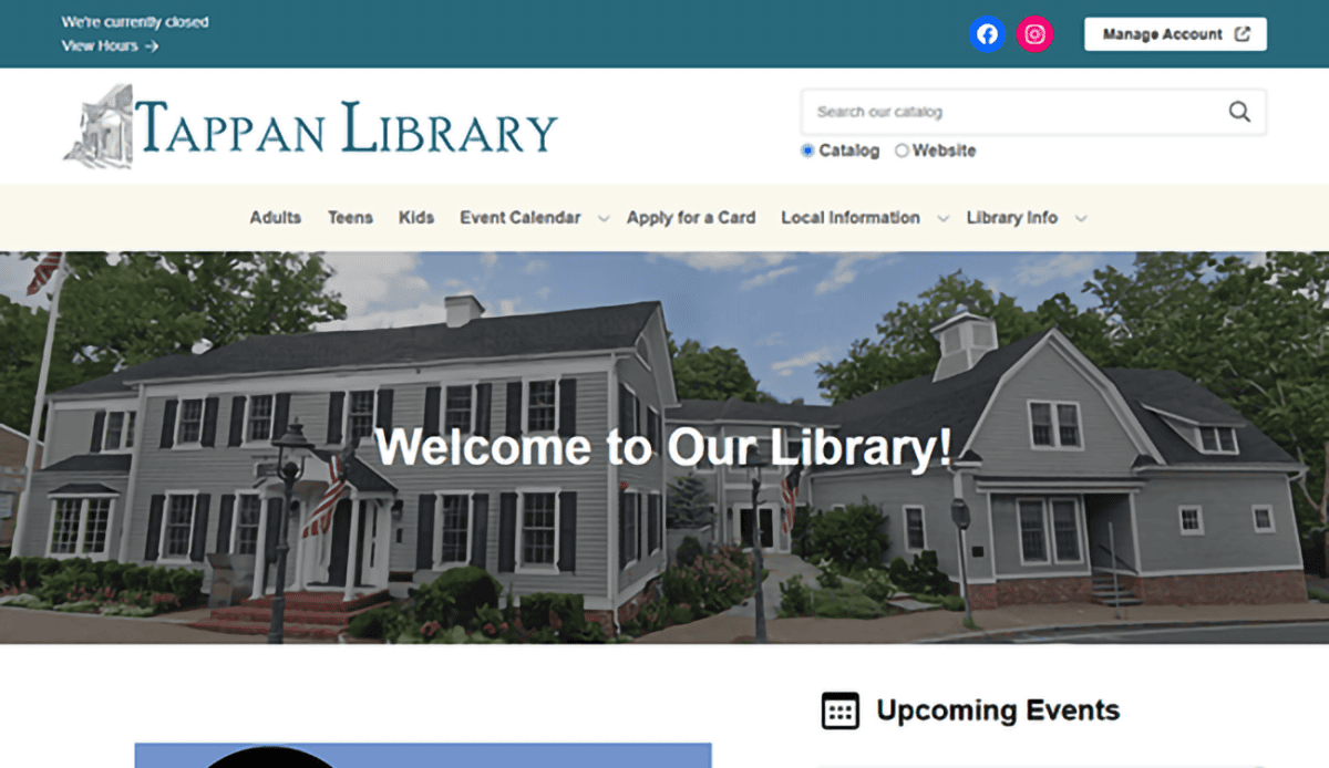 Screenshot of the Tappan Free Library homepage featuring a navigation menu, welcome message, upcoming events, resource icons, and footer with contact information and hours.
