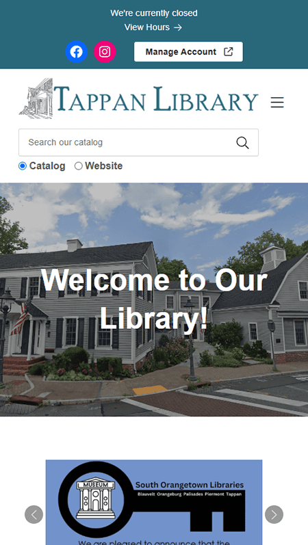 Screenshot of the Tappan Free Library homepage showing a welcome message, upcoming events, digital services, museum pass info, online resource logos, and contact details in the footer.