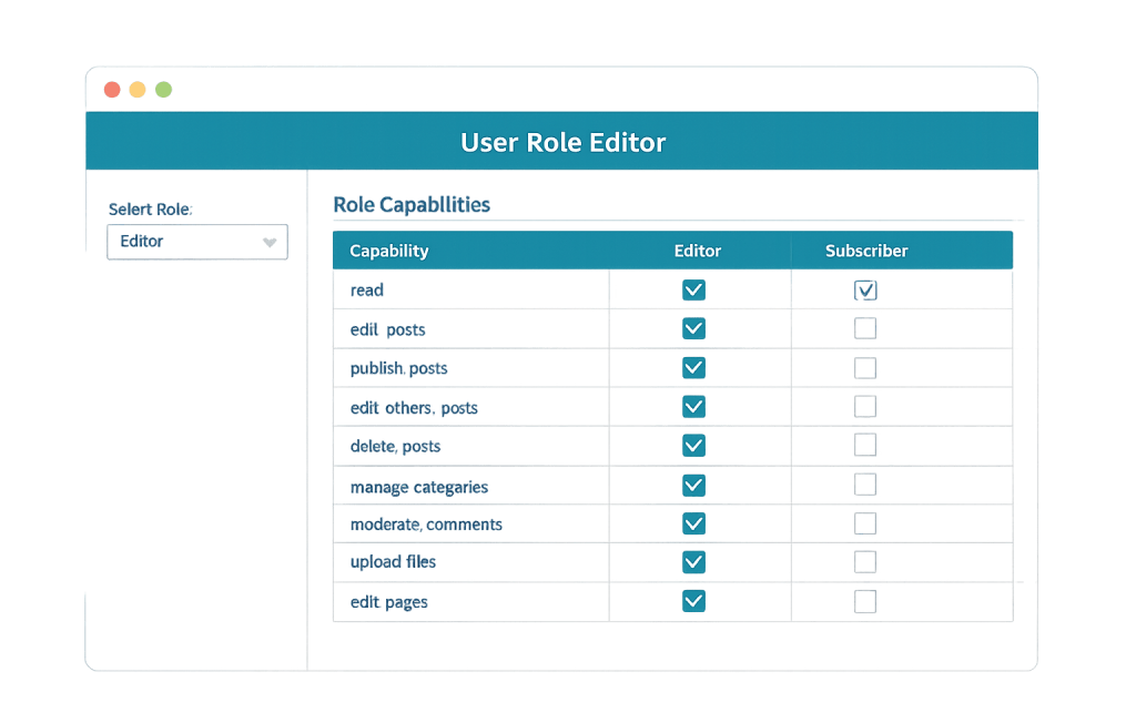 A screenshot of a User Role Editor interface shows a table listing role capabilities for Editor and Subscriber, with checkboxes indicating User Permissions such as read, edit posts, publish posts, and more.