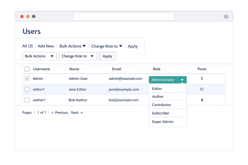 A web page displays a user management table with usernames, display names, emails, and user roles. A dropdown menu is open for one user, showing options like Administrator, Editor, Author, Contributor, and Subscriber.