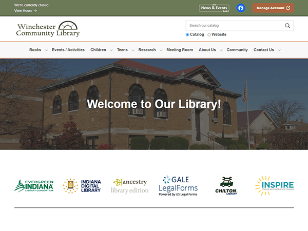 Screenshot of the Winchester Community Library homepage, showcasing a welcome message, a photo of the library building, and partner logos including Evergreen Indiana and Ancestry Library Edition. Explore resources at Winchester Community Library.