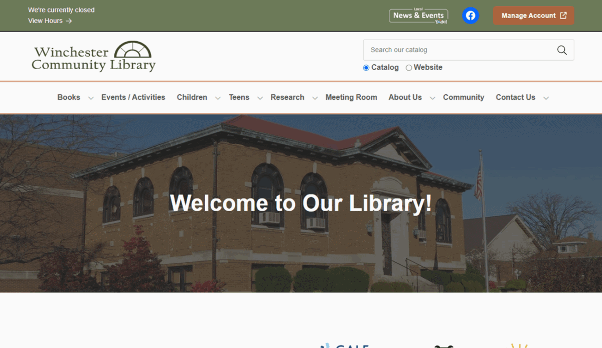 Screenshot of the Winchester Community Library homepage featuring library resources, event highlights, digital services, and navigation menus. The Winchester Community Library’s contact info and hours are listed at the bottom.