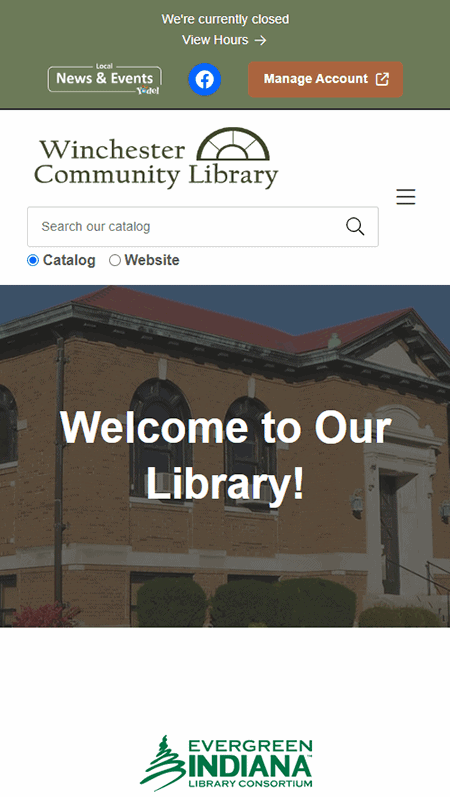 Screenshot of the Winchester Community Library website homepage featuring welcome text, library logos, preschool storytime promotion, e-book app promotion, and contact information in the footer.