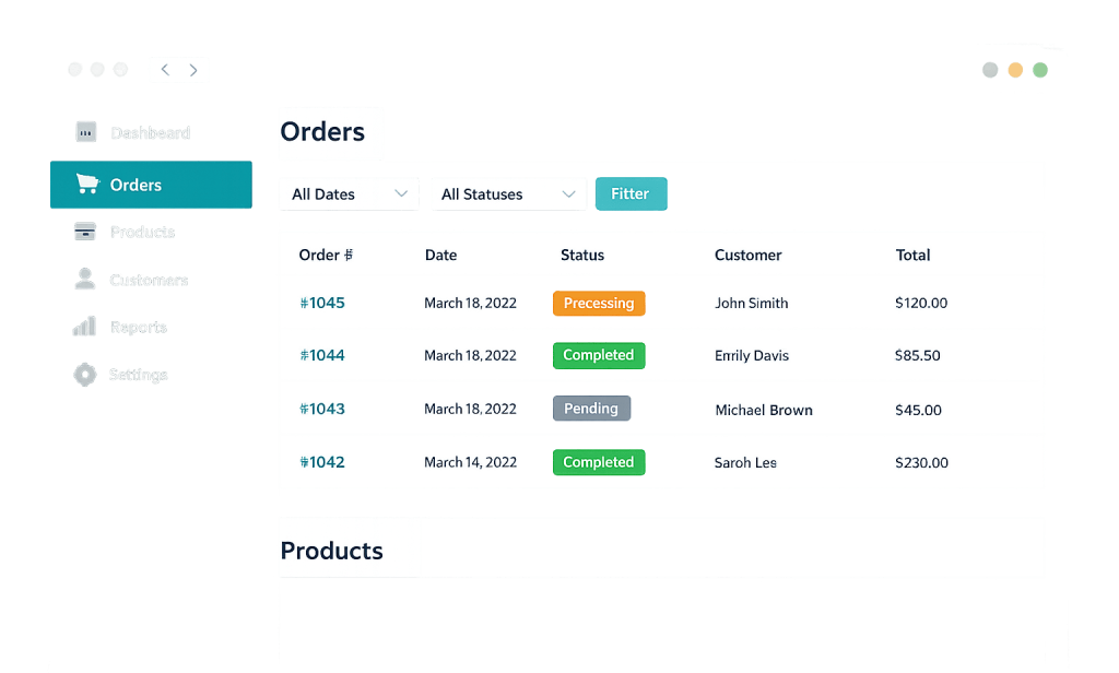 A dashboard screen shows an orders table with columns for Order #, Date, Status, Customer, and Total. Orders have different statuses: Processing, Completed, Pending, and varying total amounts.