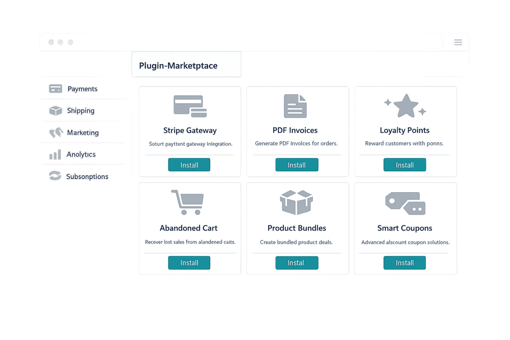 Screenshot of a WooCommerce Extension marketplace featuring six WooCommerce Add-on options: Stripe Gateway, PDF Invoices, Loyalty Points, Abandoned Cart, Product Bundles, and Smart Coupons. Sidebar displays plugin categories.