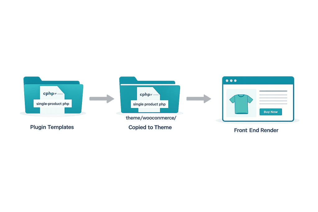 Diagram showing a WooCommerce Template file, single-product.php, moved from a Plugin Templates folder to theme/woocommerce/, then rendering an eCommerce product page with a shirt and Buy Now button on the front end.