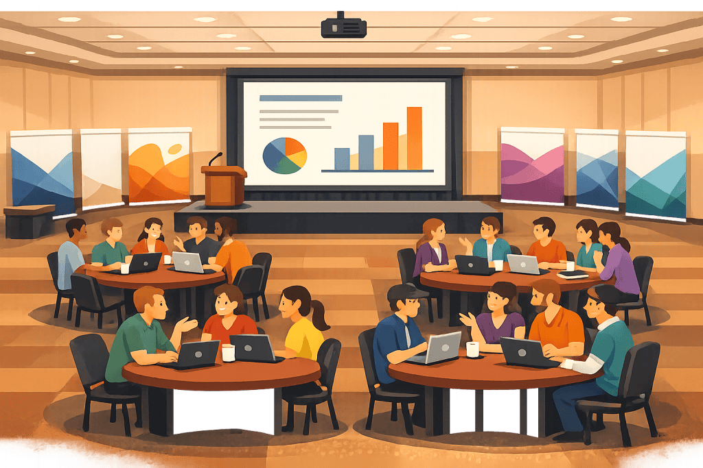 A conference room with people sitting at round tables, working on laptops and discussing. A large screen at the front displays colorful charts and graphs, and a podium stands nearby. The setting appears collaborative and professional.