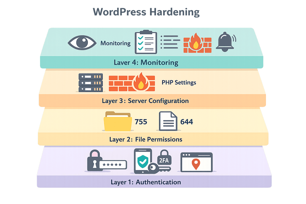An infographic showing four layers of WordPress Security: Monitoring, Server Configuration (with PHP settings), File Permissions (755, 644), and Authentication (password, 2FA, login). Each layer highlights key Website Protection icons.