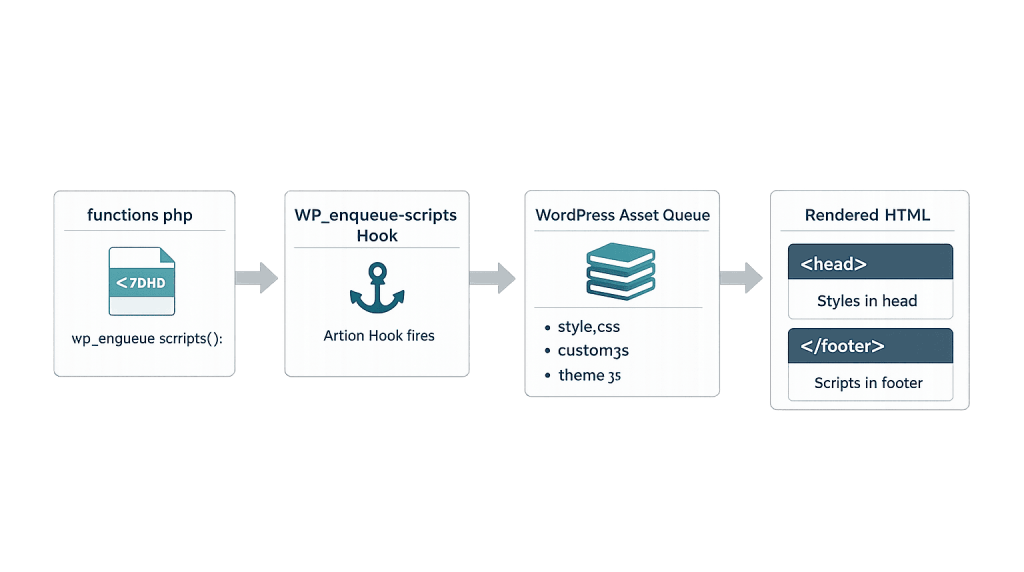 A flowchart showing how WordPress enqueues scripts: functions.php runs wp_enqueue_scripts, which triggers the WP_enqueue-scripts hook, adds styles to the WordPress asset queue, and finally outputs styles and scripts in rendered HTML.