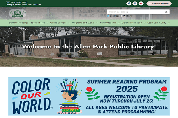 Screenshot of Allen Park Public Library’s website highlighting its building, a welcome message, and a banner for the 2025 Summer Reading Program: Color Our World, with registration info open through July 25.