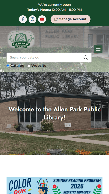 Screenshot of the Glenview Park District website featuring summer camp registration details, a calendar graphic with camp themes, camp forms, an activities app, info on Allen Park programs, financial aid info, inclusion services, location, and contact information.