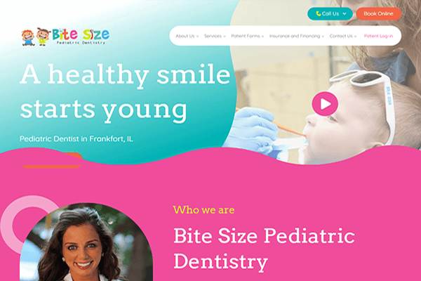 Screenshot of the Bite Size Pediatric Dentistry website featuring a child at the dentist, clinic information, a staff photo, and easy contact and appointment buttons.
