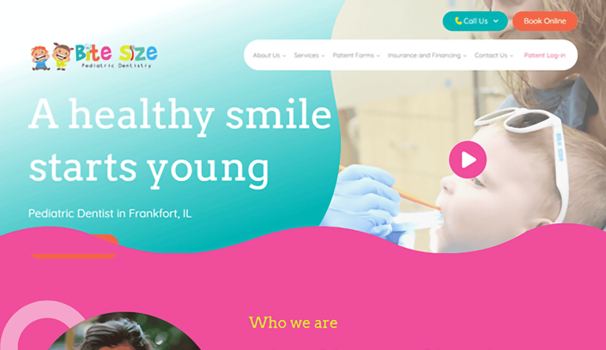 Screenshot of a pediatric dentistry website featuring Bite Size tips on services, reasons to choose the clinic, locations, patient testimonials, and logos of professional children's dentist affiliations.