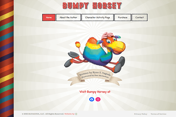 Screenshot of a colorful website for Bumpy Horsey LLC, featuring a rainbow-colored cartoon horse in the center, with menu buttons at the top and a striped sidebar on the left. Design inspired by RLYAGODA’s playful aesthetic.