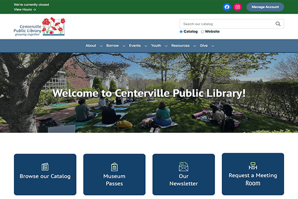 Screenshot of Centerville Public Library's homepage featuring a banner image of people sitting on grass outside, with navigation buttons for catalog browsing, museum passes, newsletter, and meeting room requests at Centerville Public Library.