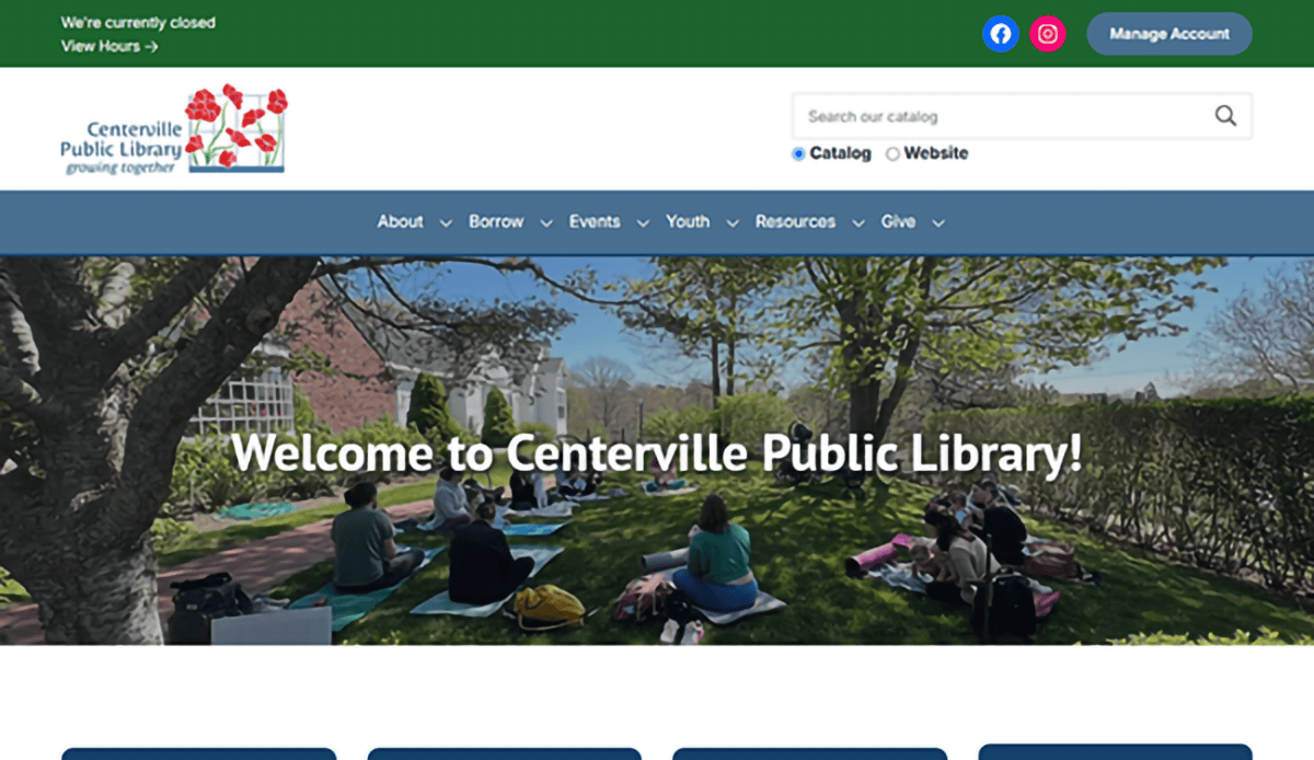 Screenshot of the Centerville Public Library homepage, showcasing navigation menus, program announcements, event details, and quick links to the Centerville Public Library catalog, museum passes, and newsletter.