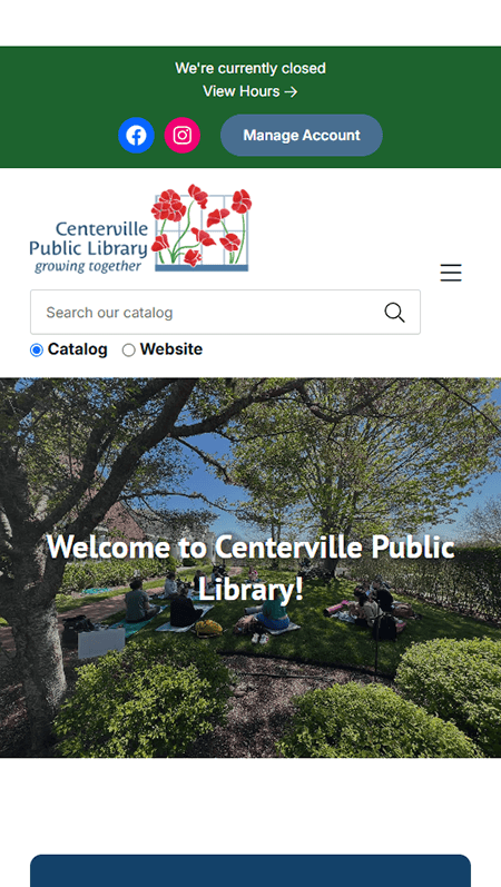 Screenshot of a church website featuring sections for worship services, events, announcements, online giving, leadership contact, and church news in a blue and white color scheme—similar in layout to the Centerville Public Library site.