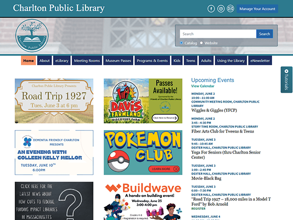 Screenshot of the Charlton Public Library website homepage displaying navigation menus, event listings, and library program advertisements.