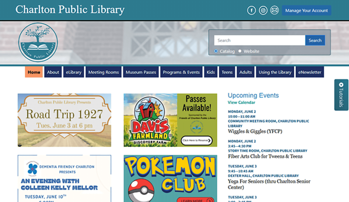 Screenshot of the Charlton Public Library website homepage, showing event promotions, library resources, upcoming events, and a section with new book arrivals.