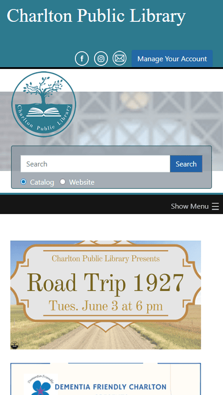 Screenshot of the Charlton Public Library website featuring library events, children’s activities, summer programs, and announcements, with a navigation menu and book recommendations at the bottom.