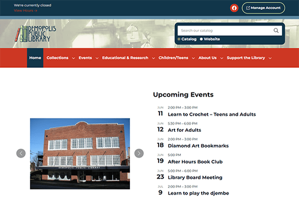 Screenshot of the Demopolis Public Library website featuring a navigation menu, upcoming events list, and a photo of the Demopolis Public Library building.
