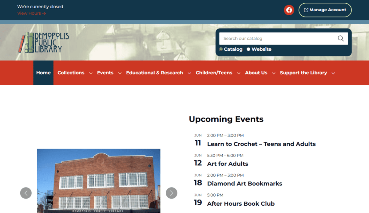 Screenshot of the Demopolis Public Library website displaying upcoming events, audiobook resources, contact information, and hours of operation.
