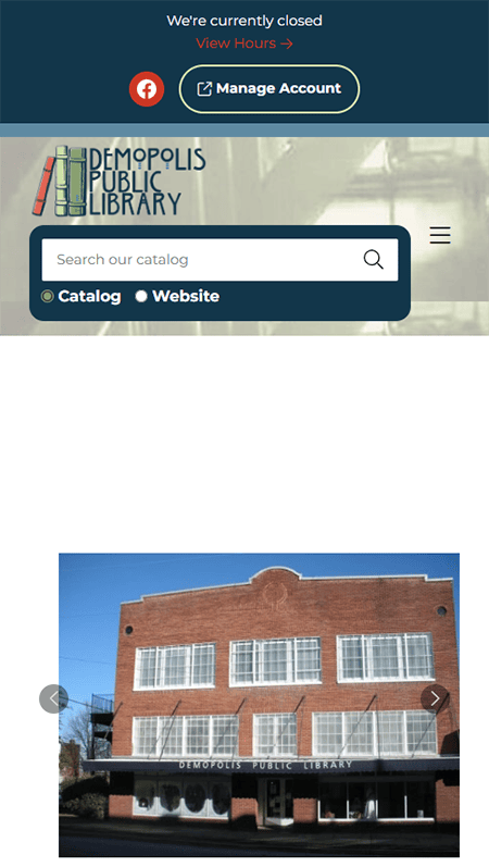 Screenshot of the Demopolis Public Library website displaying hours, contact info, library events, and audiobook resources, featuring logos for Libby and CloudLibrary.