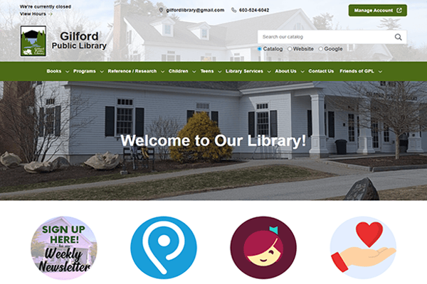 Screenshot of the Gilford Public Library homepage featuring navigation menus, a welcome message, contact information, and three circular icons for newsletter signup, location, and donations at the Gilford Public Library.