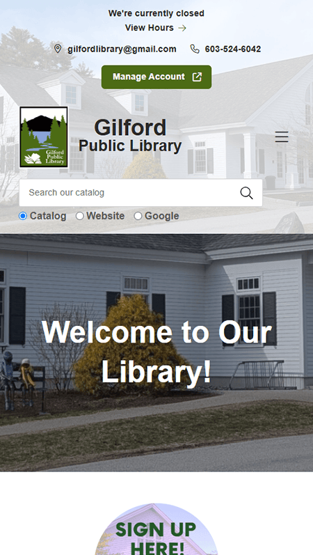 Screenshot of the Gilford Public Library website displaying hours, library card info, upcoming events, featured books, and contact details, enhanced with diverse graphics and event images.