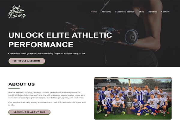 Screenshot of a sports training website featuring a headline “Unlock Elite Athletic Performance,” a “Schedule a Session” button, and a team photo of youth athletes showing grit in sports uniforms under an “About Us” section.