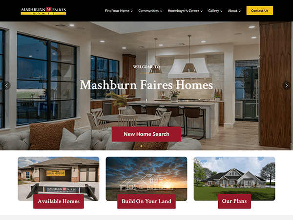 Home page of Mashburn Faires Homes website showing a modern kitchen, navigation menu, and options for home search, available homes, building, and home plans.