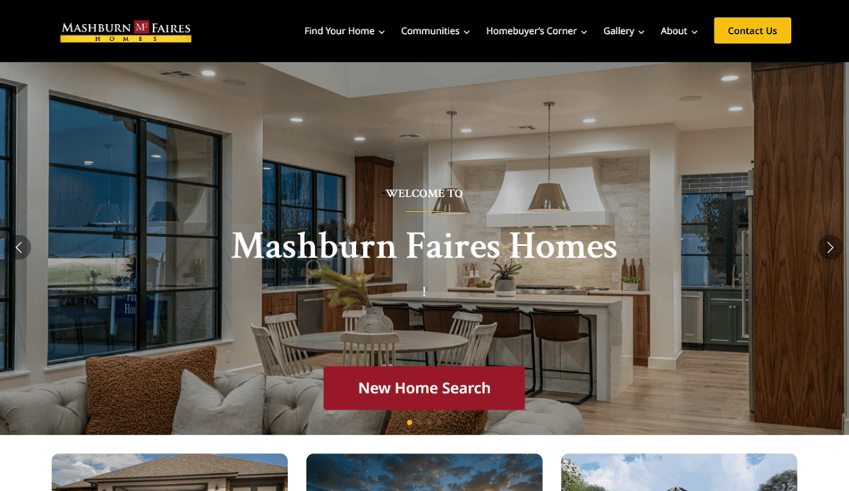 Screenshot of Mashburn Faires Homes website homepage featuring home search options, map with property locations, images of homes, and navigation links for homebuyers.
