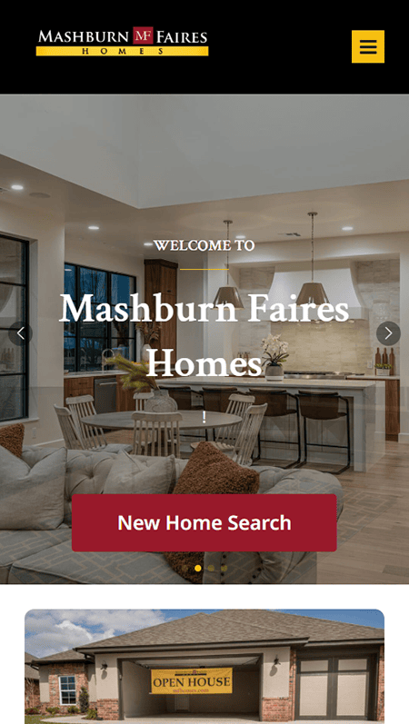 Screenshot of a real estate website featuring home search options, local listings, a map with property locations, service information, and contact details in the footer.