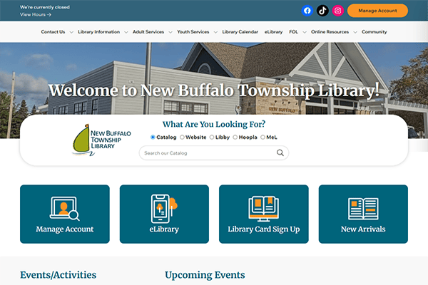 Screenshot of the New Buffalo Township Library homepage showing search bar, navigation menu, and main options for managing your account, exploring the eLibrary, signing up for a library card, and viewing new arrivals.