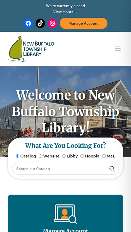 Screenshot of the New Buffalo Township Library website, featuring navigation buttons, event listings, new arrivals, contact info, library hours, and social media links—all on a single scrolling page.