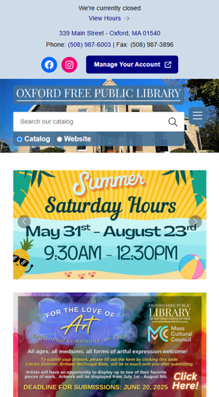 The Oxford Free Public Library website features summer hours, digital resources, newest arrivals, event info, contact details, and library hours—all in a clean, organized layout for easy access to everything Oxford Free Public Library offers.