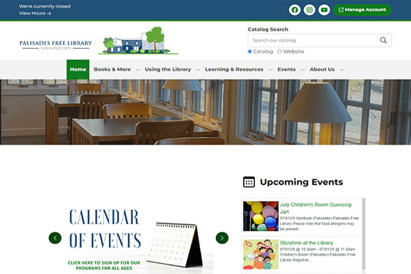 Screenshot of the Palisades Free Library website homepage, featuring a catalog search bar, navigation menu, upcoming events section, calendar of events graphic, and Manage Account button at the top.